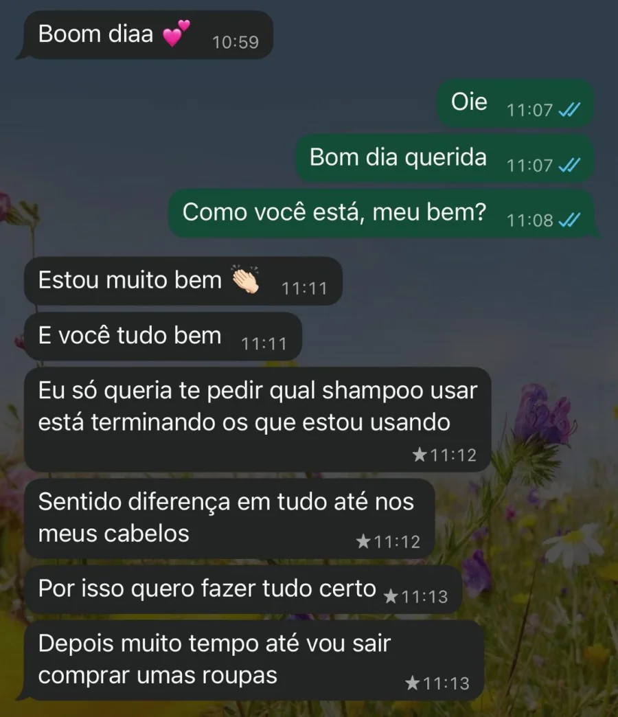 Print de conversa no WhatsApp — depoimento sobre cabelos e vontade de se cuidar