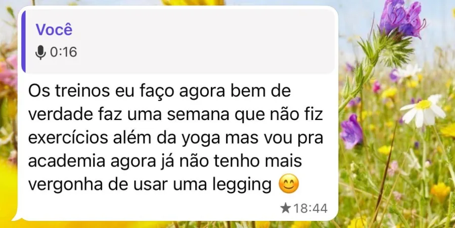 Print de conversa no WhatsApp — depoimento sobre disposição para treinar